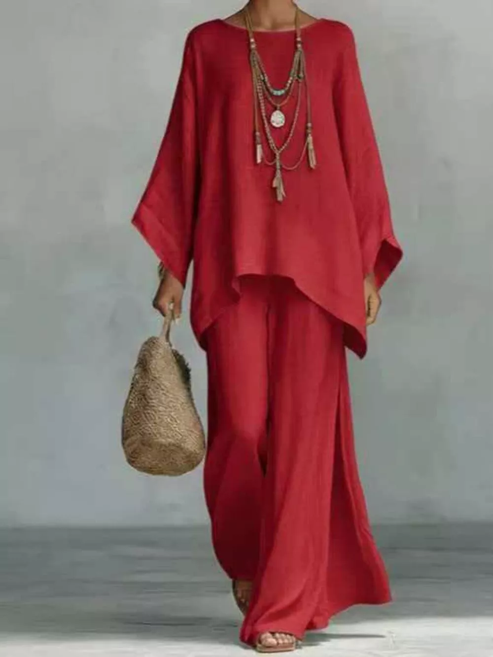 Full Size Round Neck Top and Wide Leg Pants Set Plus Size, image 10
