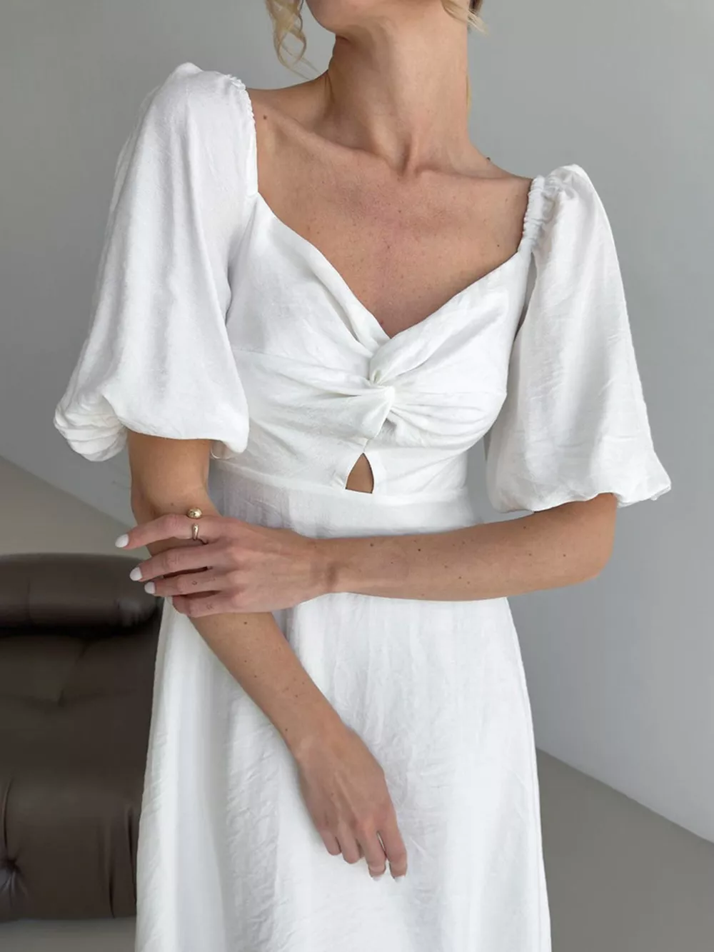 Twisted Front Puff Sleeve Midi Dress, image 8