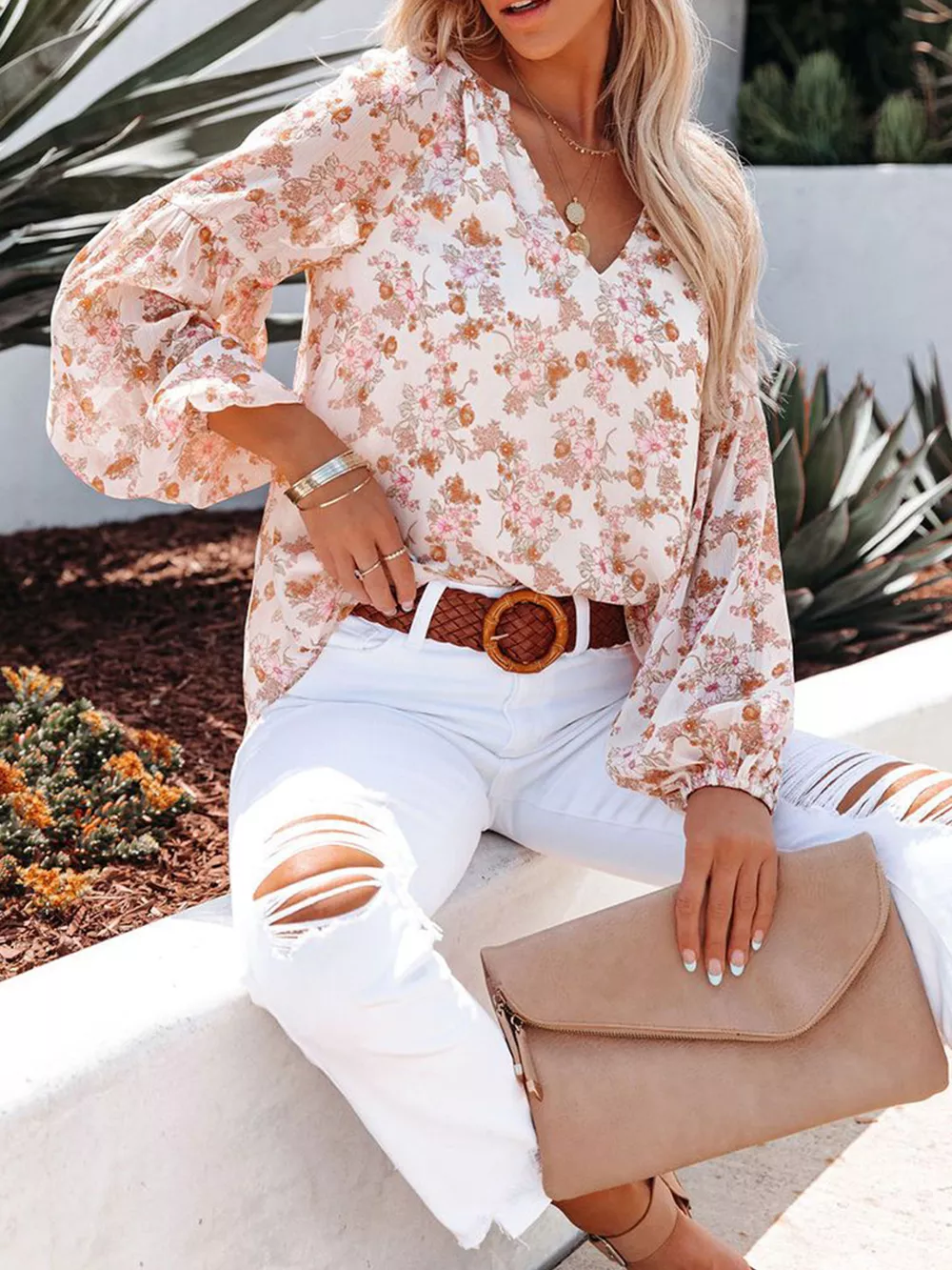 Full Size Floral Print V-Neck Long Sleeve Blouse Plus Size, image 12
