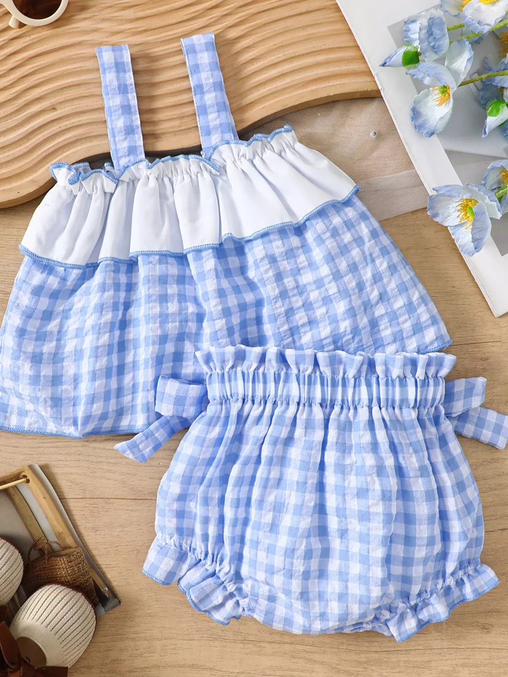 Children's Gingham Ruffle Trim Cami Top & Shorts Set, image 8