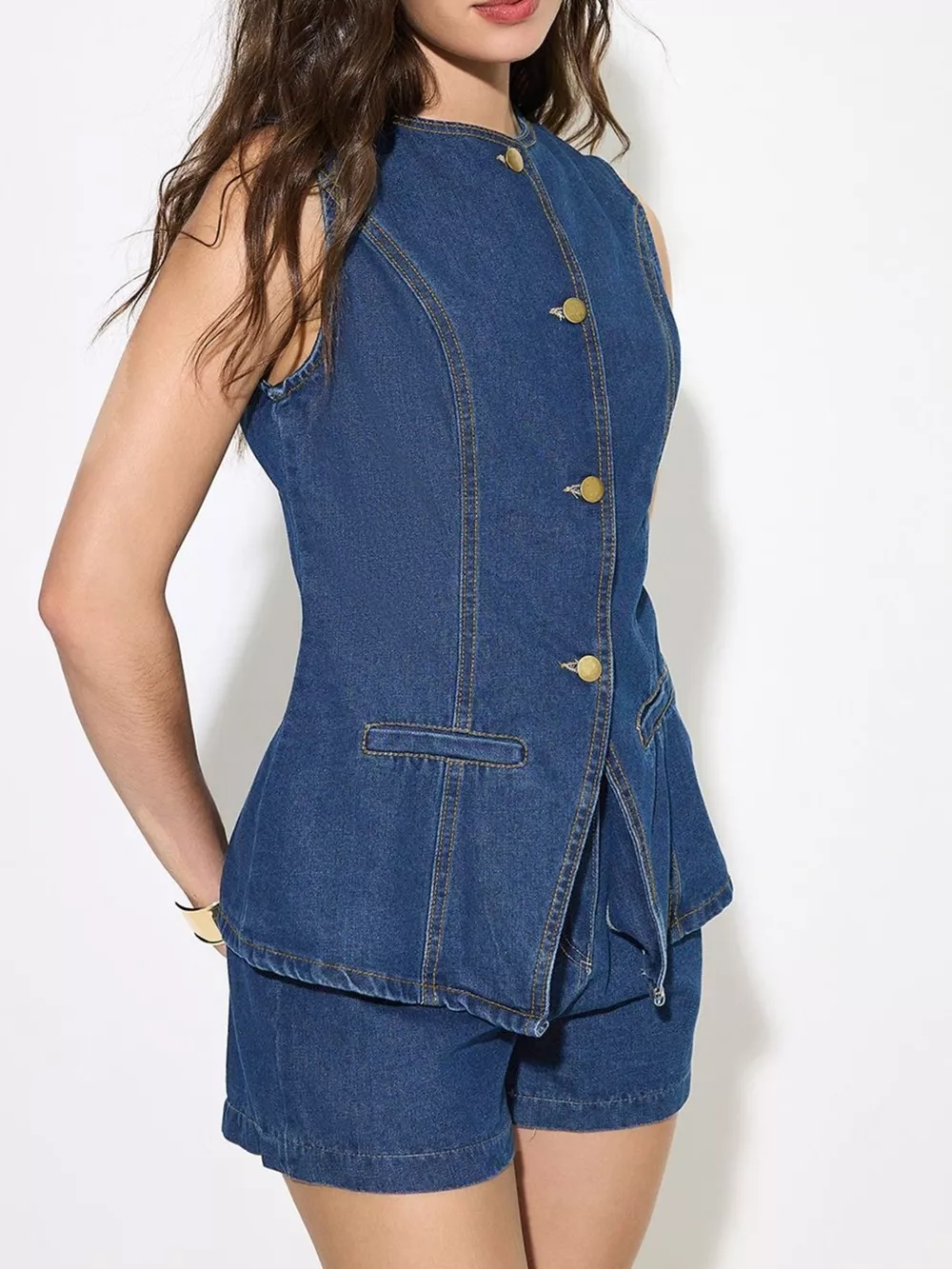 Button Up Sleeveless Denim Top, image 5