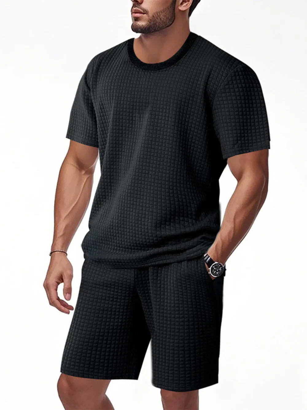 Men's Full Size Textured Round Neck Top and Shorts Set Plus SIze, image 10