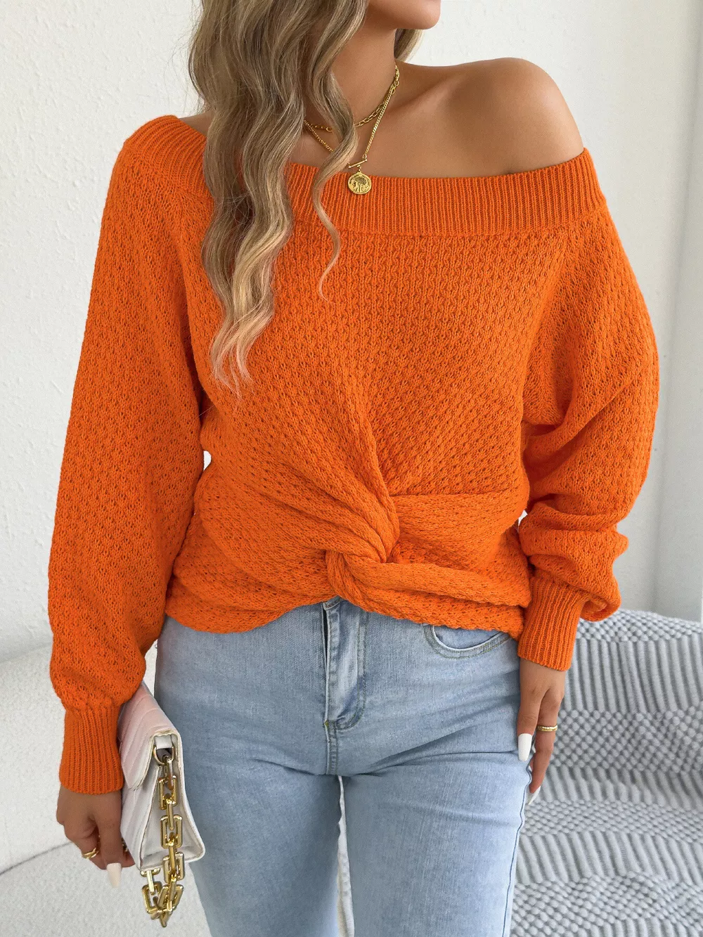 Off-Shoulder Twist Front Textured Knit Top, image 15