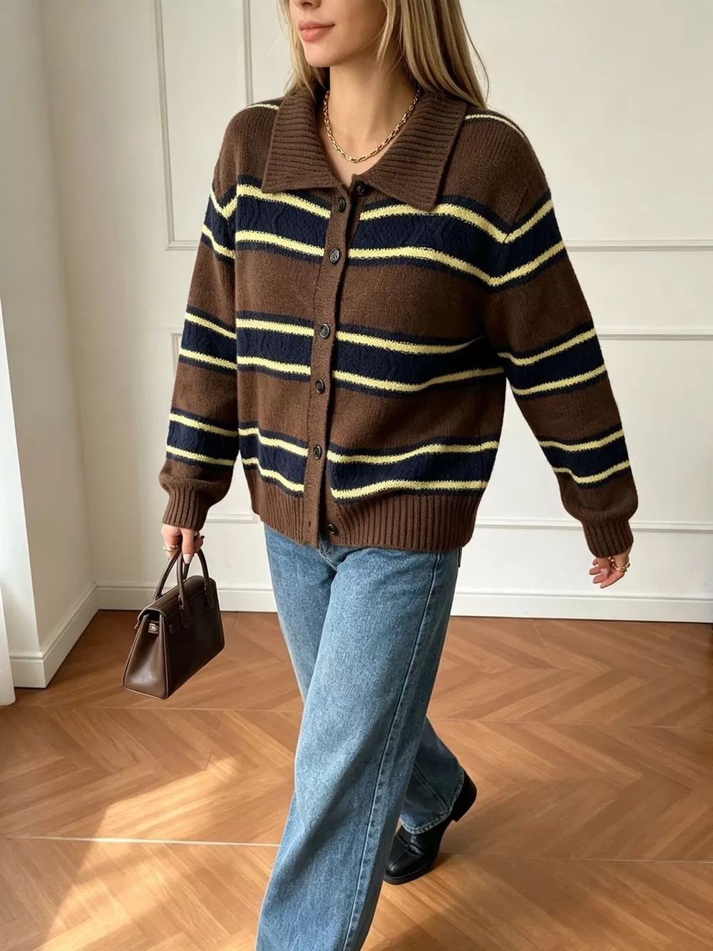 Vintage-Inspired Striped Knit Cardigan with Polo Collar, image 9