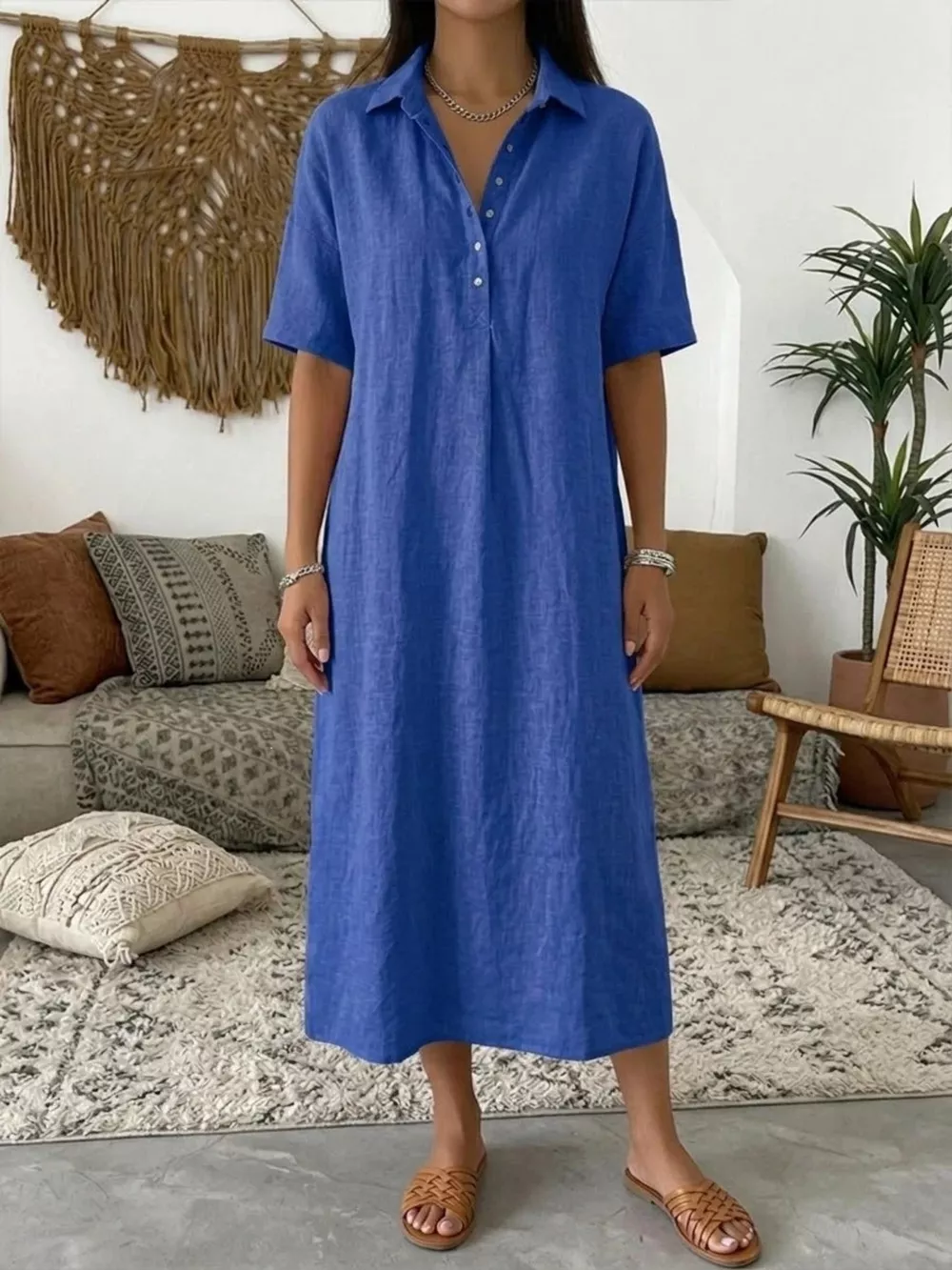 Full Size Button Detail Short Sleeve Midi Shirt Dress Plus Size, image 2