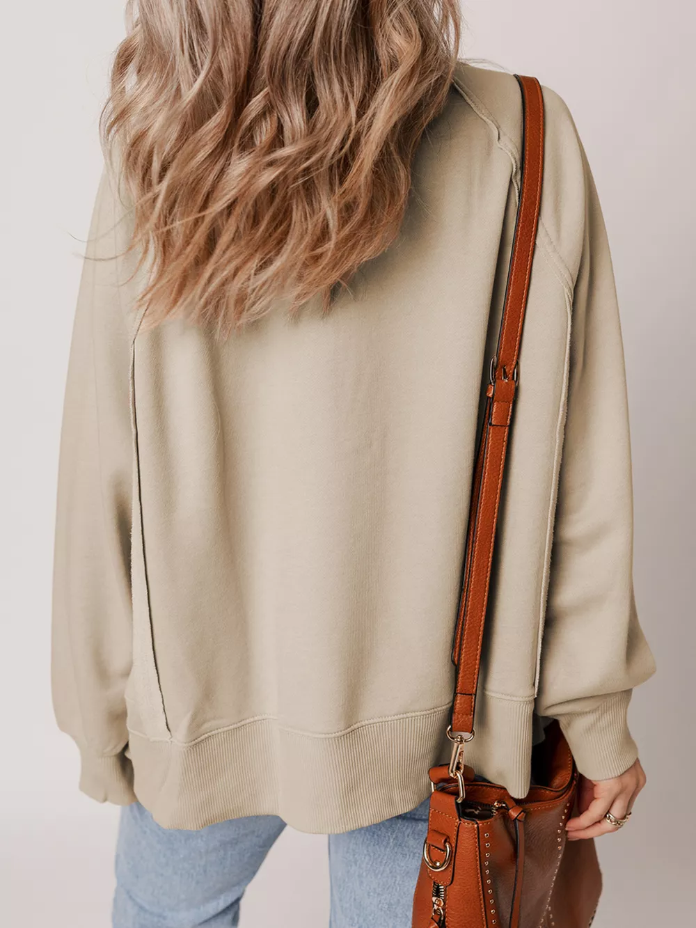 Raw Edge Exposed Seam Raglan Sleeve Side Slit Sweatshirt, image 2