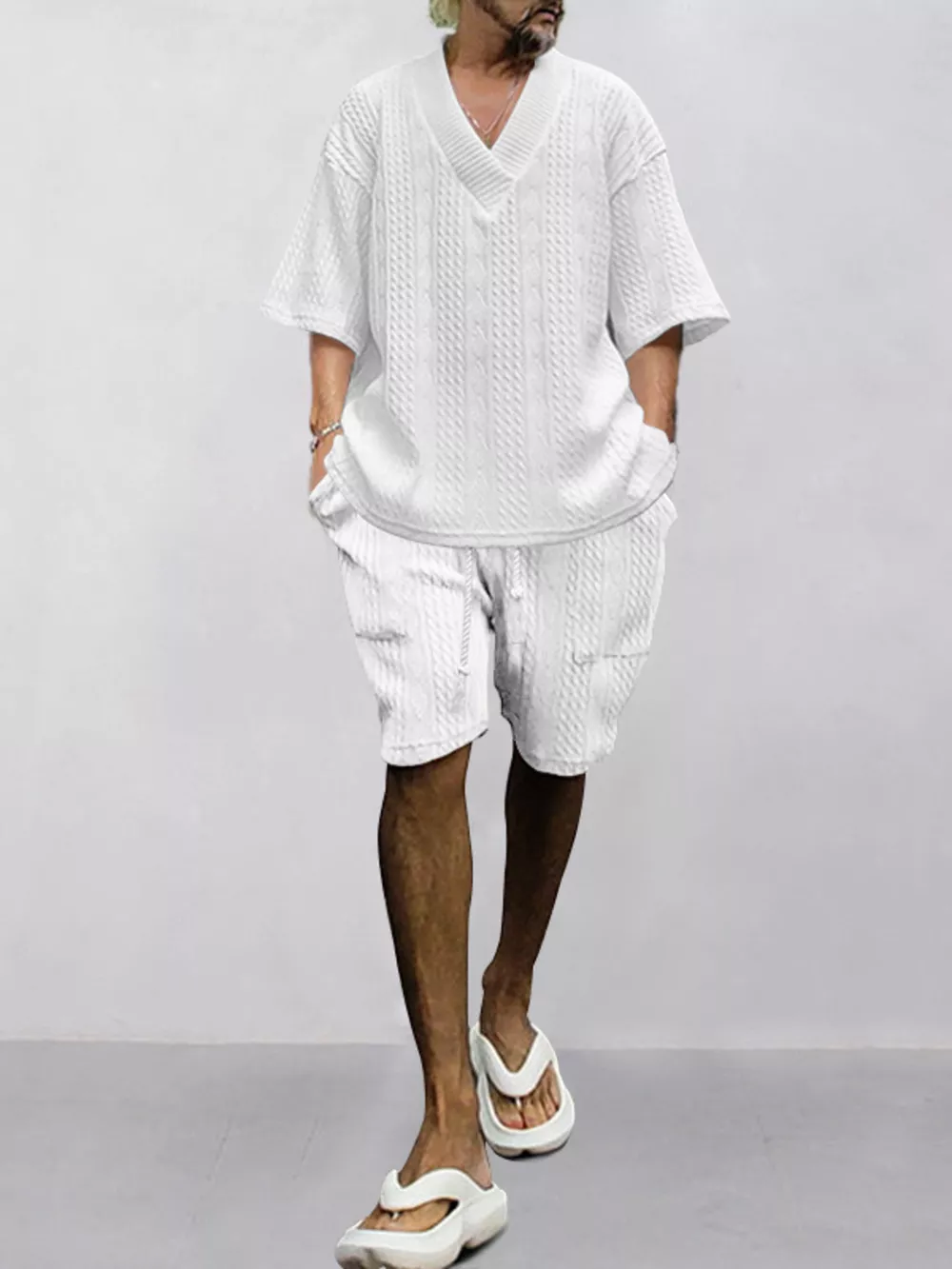 Men's Full Size Casual Knit V-Neck Short Sleeve Top and Shorts Set Plus Size, image 19