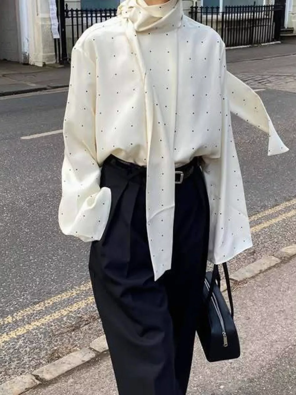 Polka Dot Silk Blouse with Scarf Neck Tie