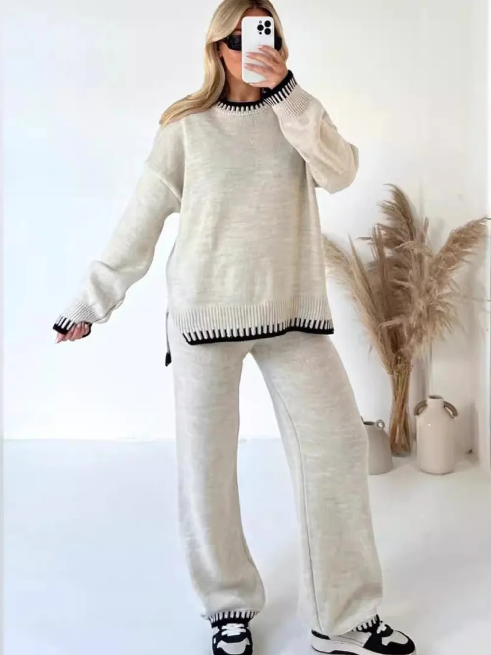 Contrast Trim Round Neck Top and Pants Sweater Set, image 4