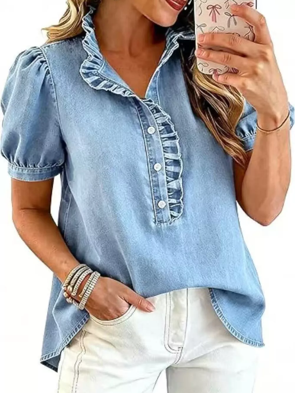 Frill Puff Sleeve Denim Top, image 15
