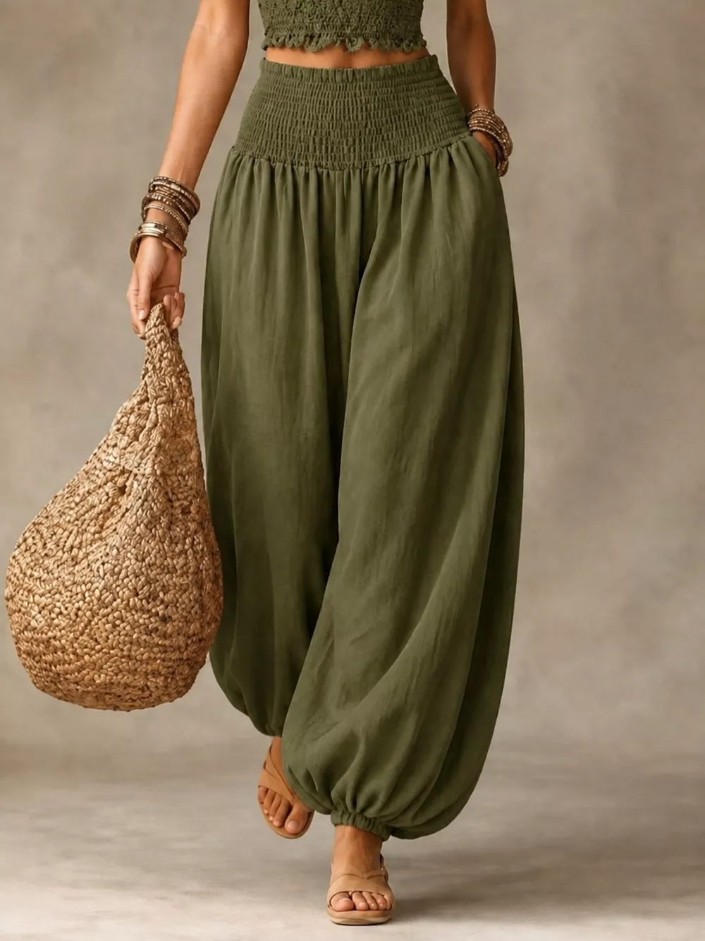 Full Size Smocked Harem Pants Plus Size, image 3