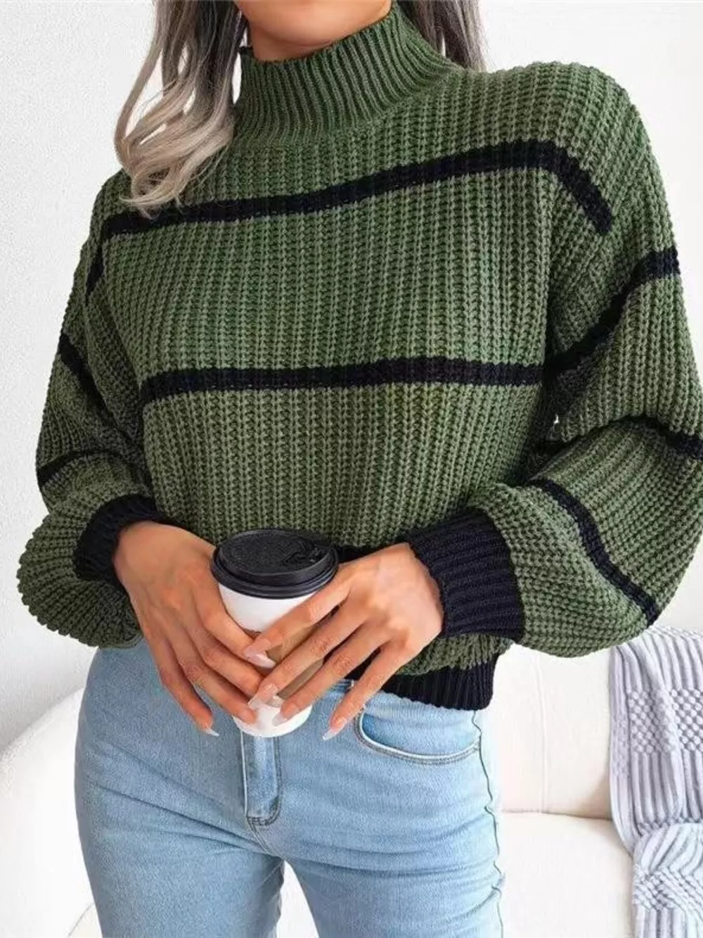 Striped Mock Neck Knit Sweater, image 9
