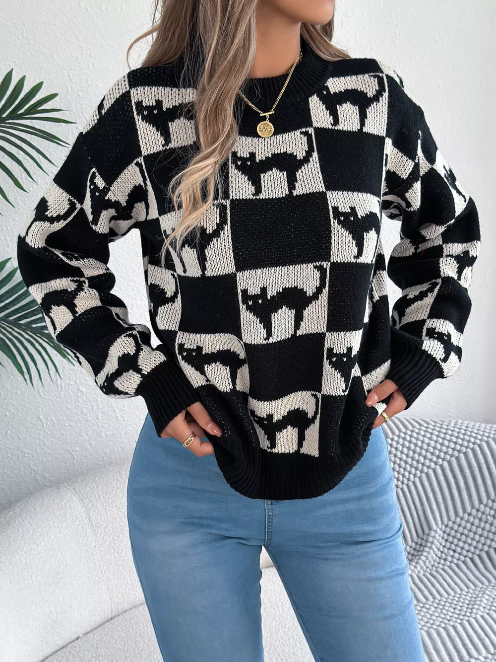 Checkerboard Halloween Graphic Sweater, image 17