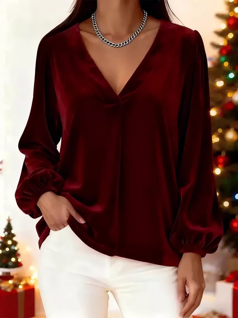 Full Size Velvet V-Neck Balloon Sleeve Blouse Plus Size, image 10