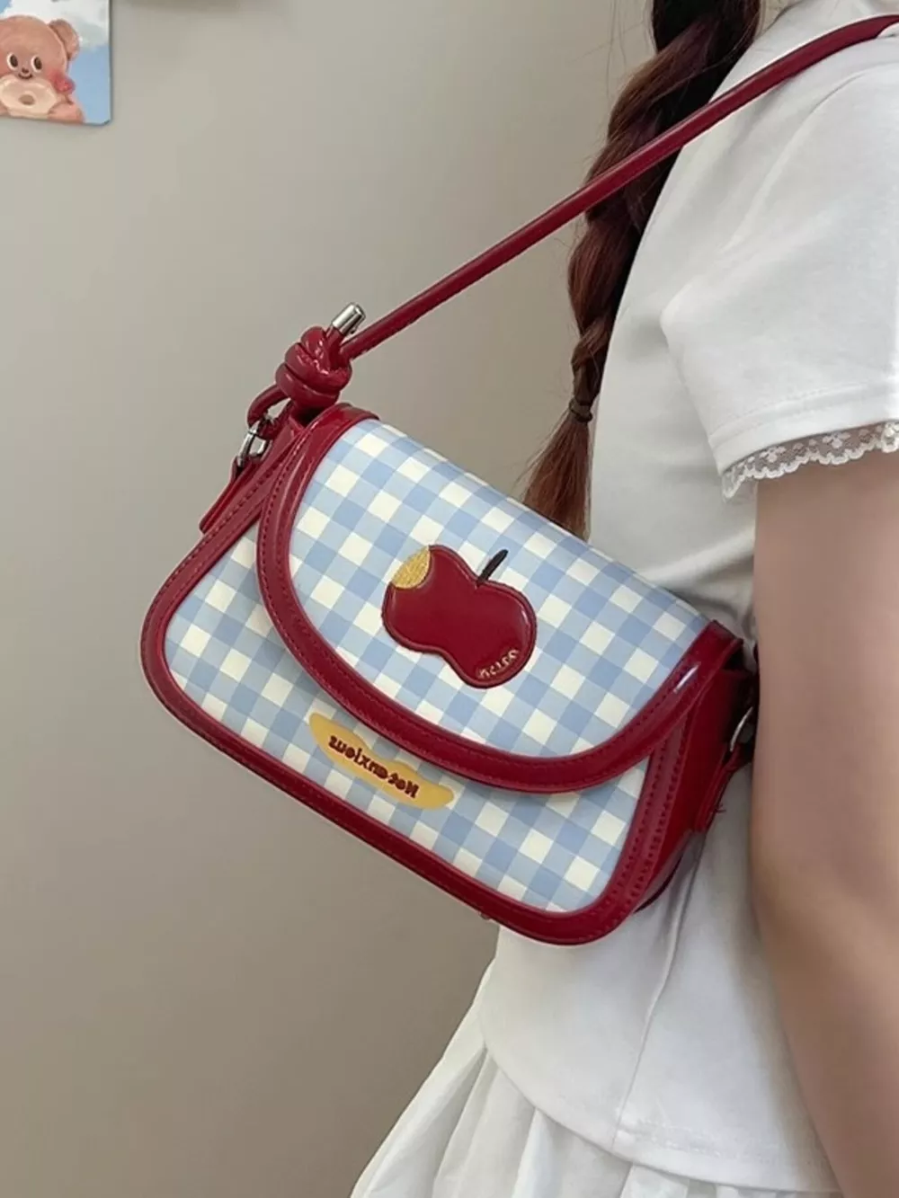 Apple Gingham Pattern Shoulder Bag, image 5