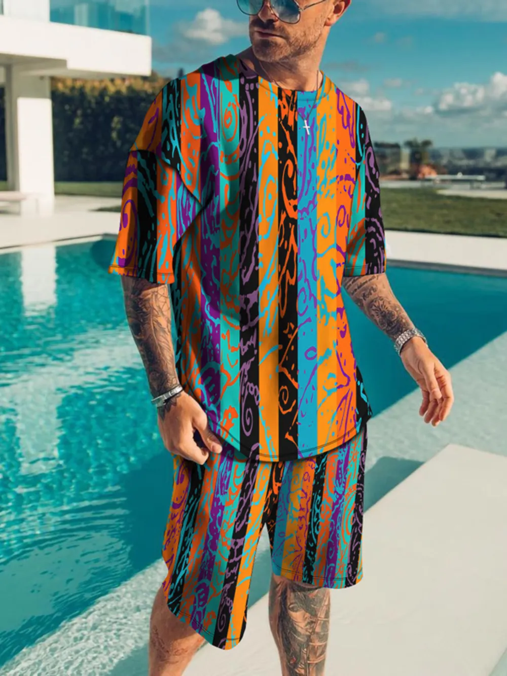Men's Full Size Striped Short Sleeve Top and Shorts Set Plus Size, image 3