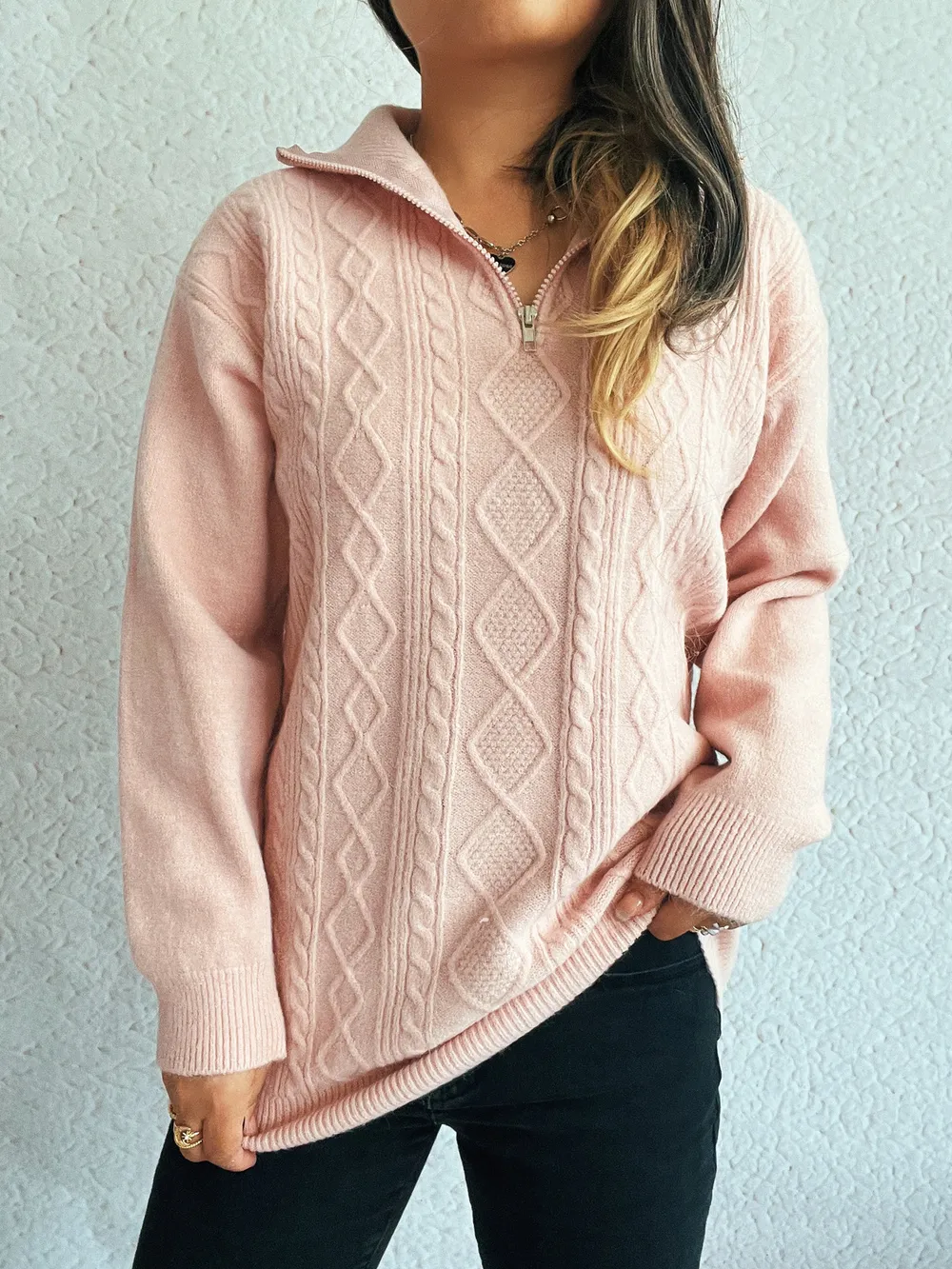 Texture Zip Collar Long Sleeve Sweater, image 15