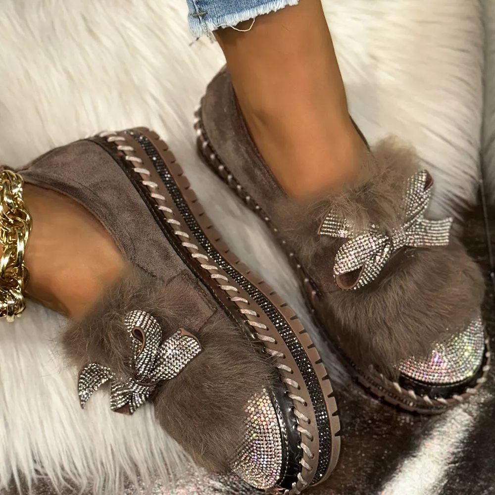 Fuzzy Bowknot Rhinestone Platform Loafers, image 13