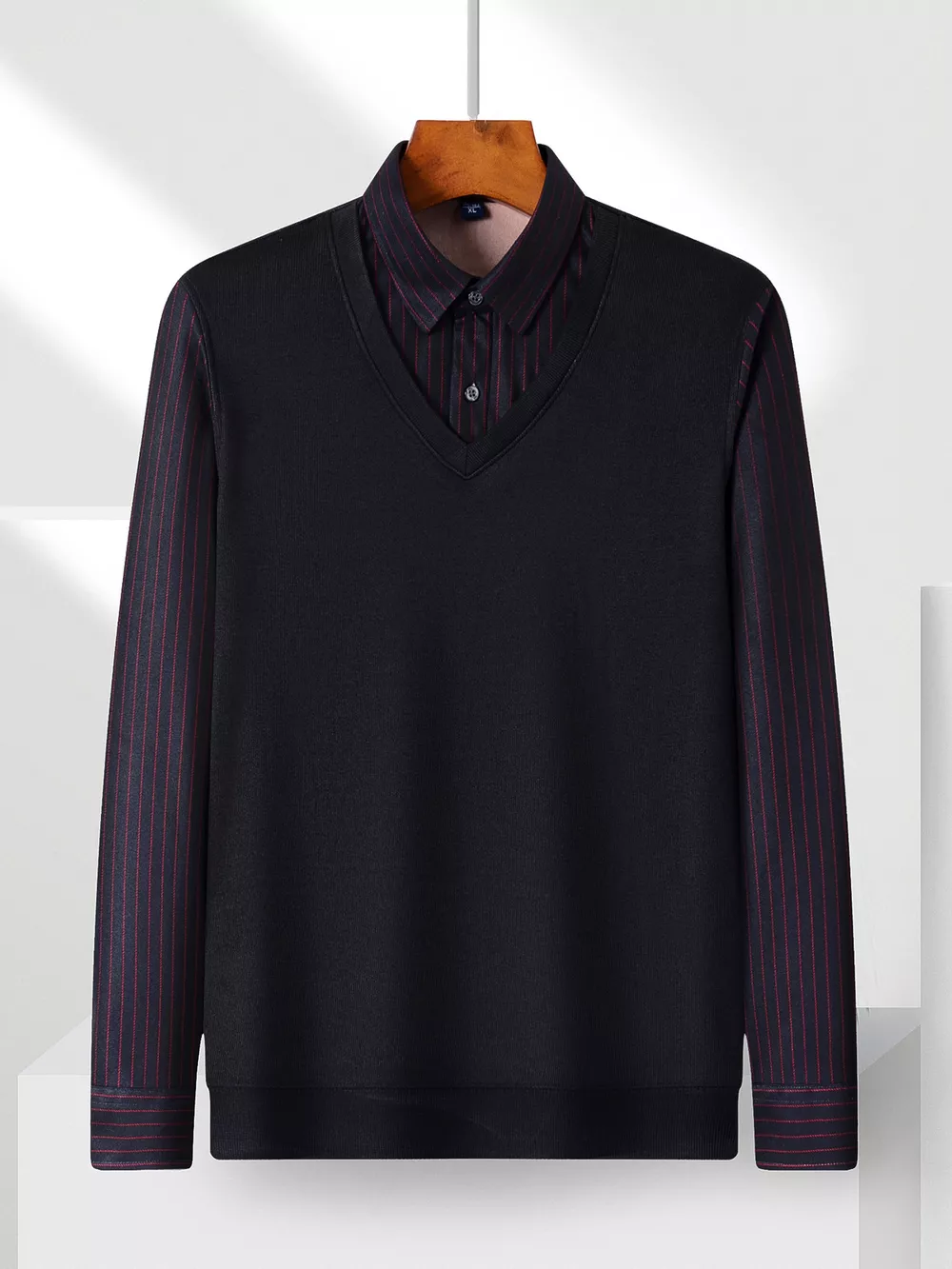 Men's Plus Size Striped Long Sleeve Fake Two-Piece Knit Top, image 8