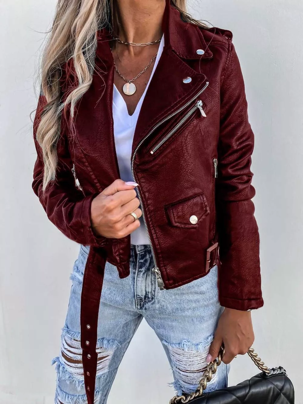 Full Size Zip Up Leather Motorcycle Biker Jacket Plus Size, image 3