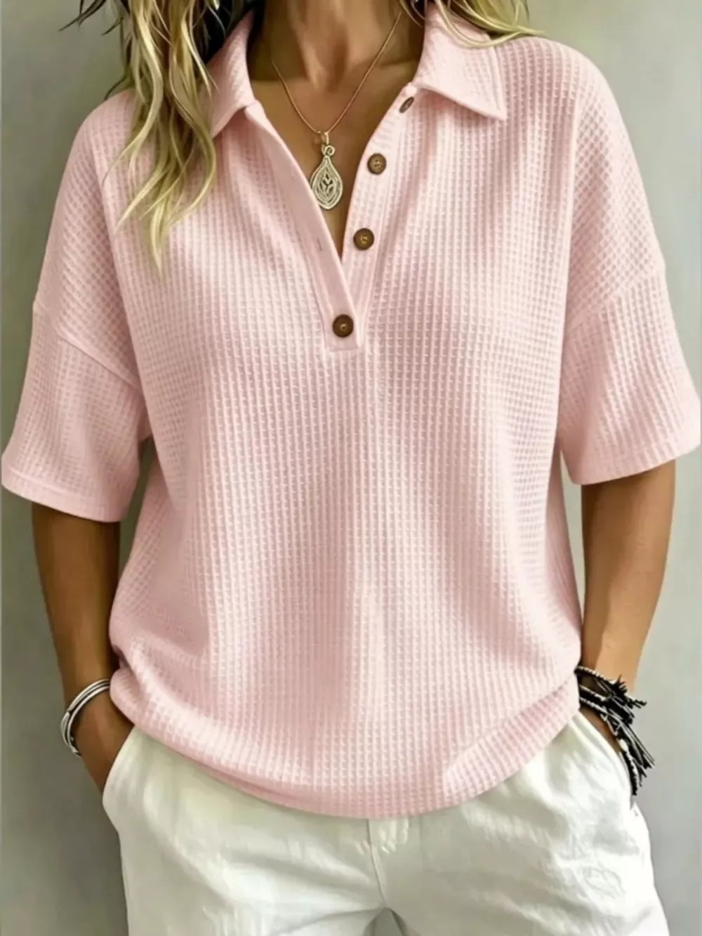 Full Size Waffle Knit Polo Top with Button Detail Plus Size, image 6