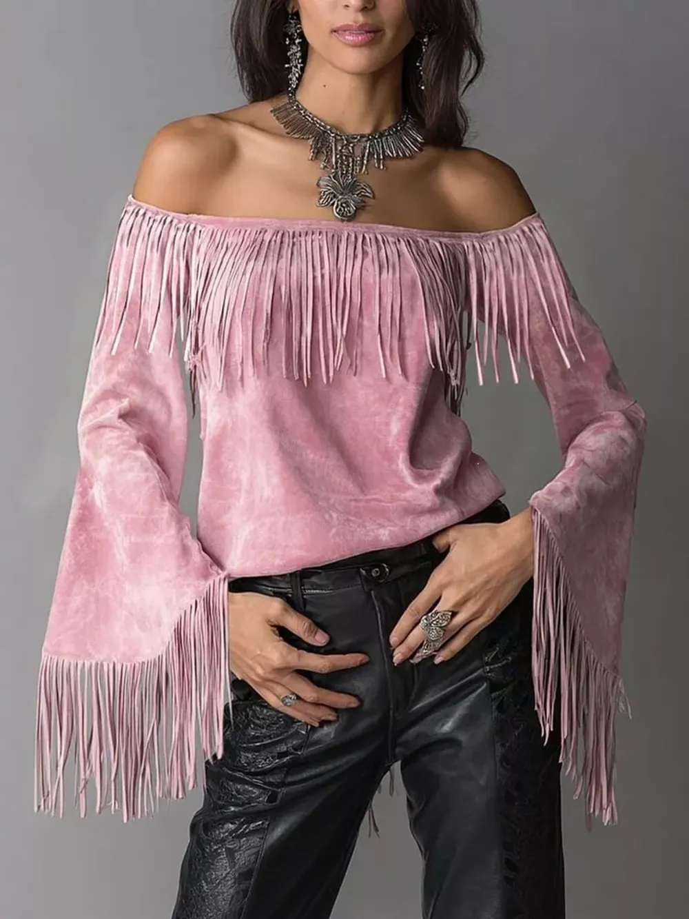 Full Size Fringed Off-Shoulder Flare Sleeve Top Plus Size, image 7