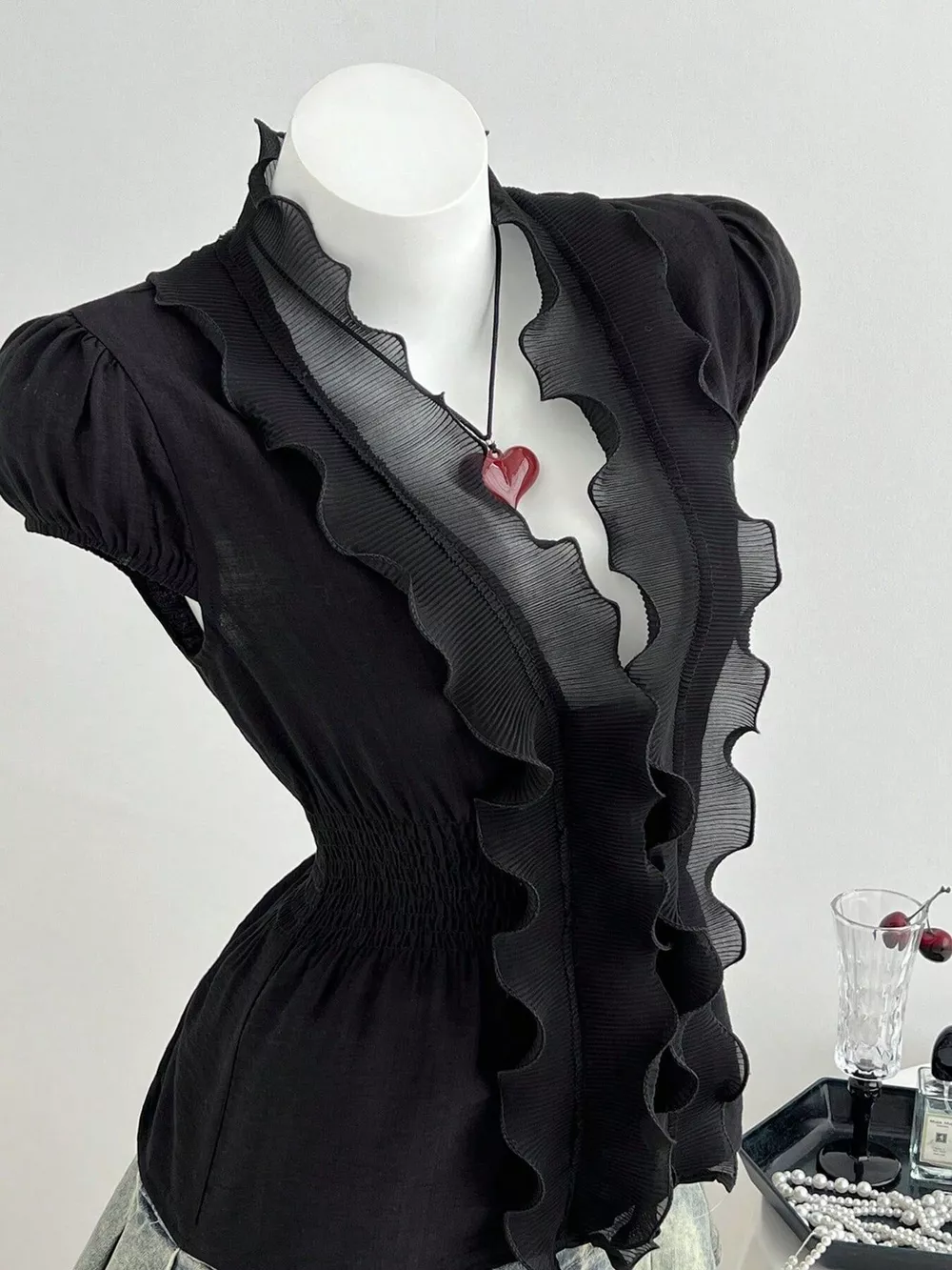 Ruffled V-Neck Blouse with Smocked Waist