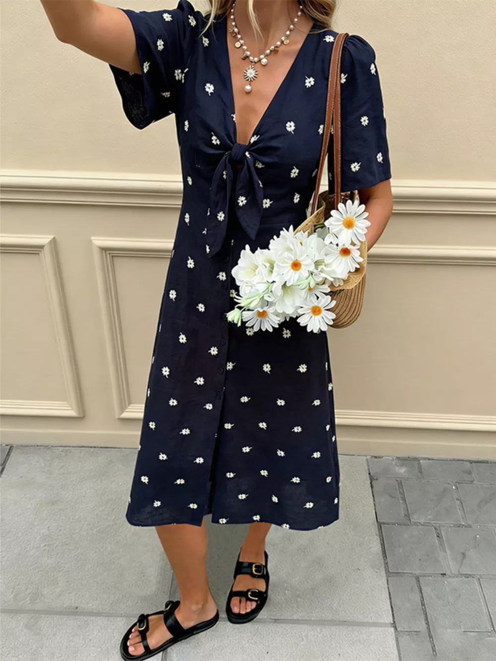 Daisy Print Tie-Front Midi Dress, image 2