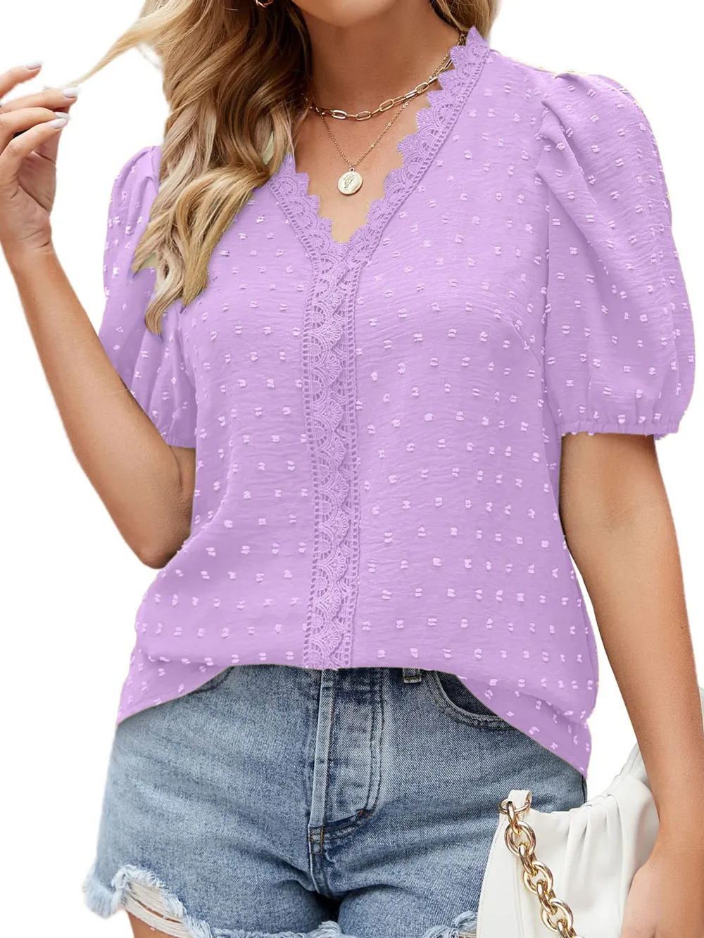 Puff Sleeve Swiss Dot Lace Trim Blouse, image 3
