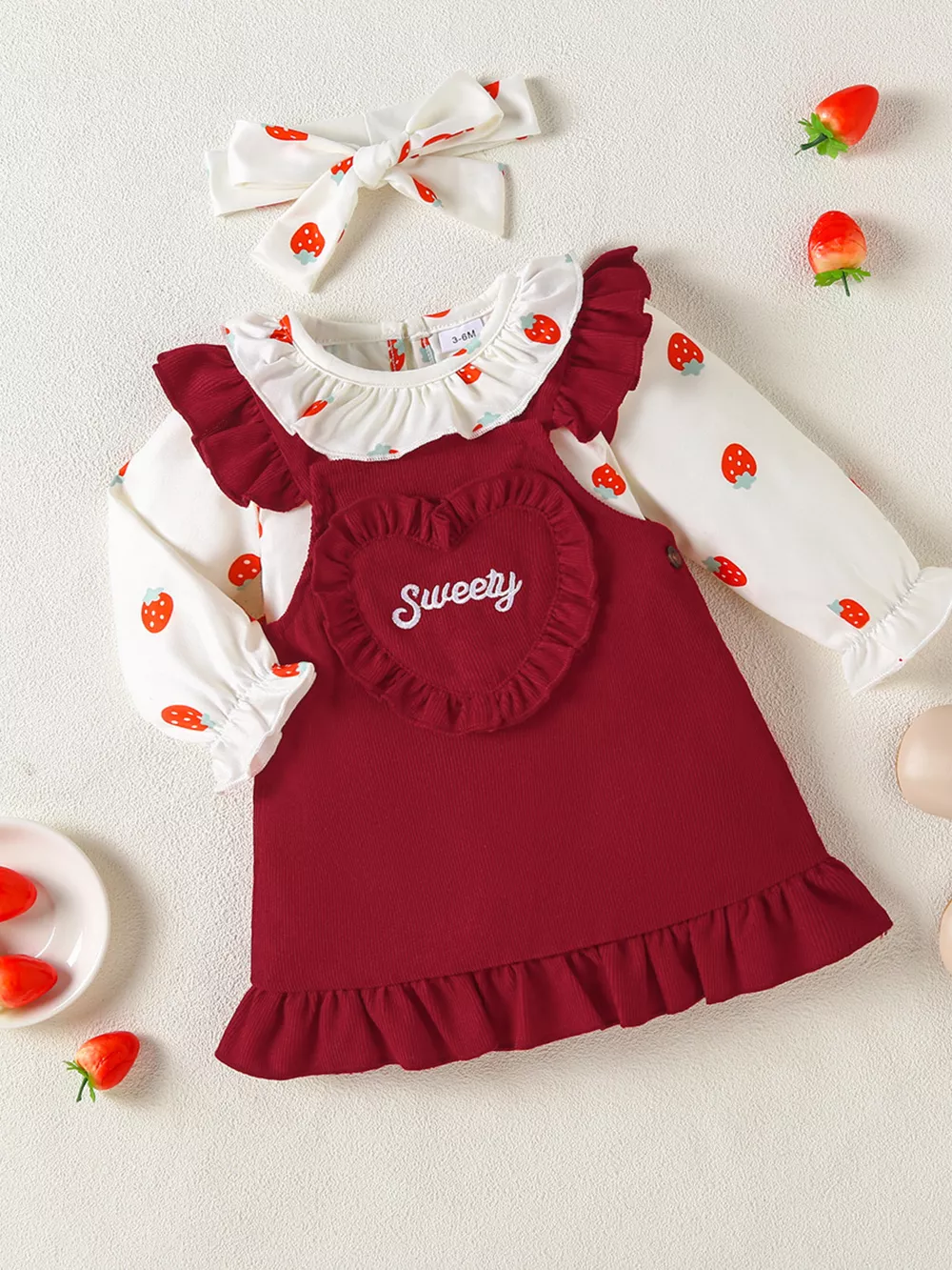 Children's Ruffled Bodysuit and Heart Decor Dress Set with Headband, image 2