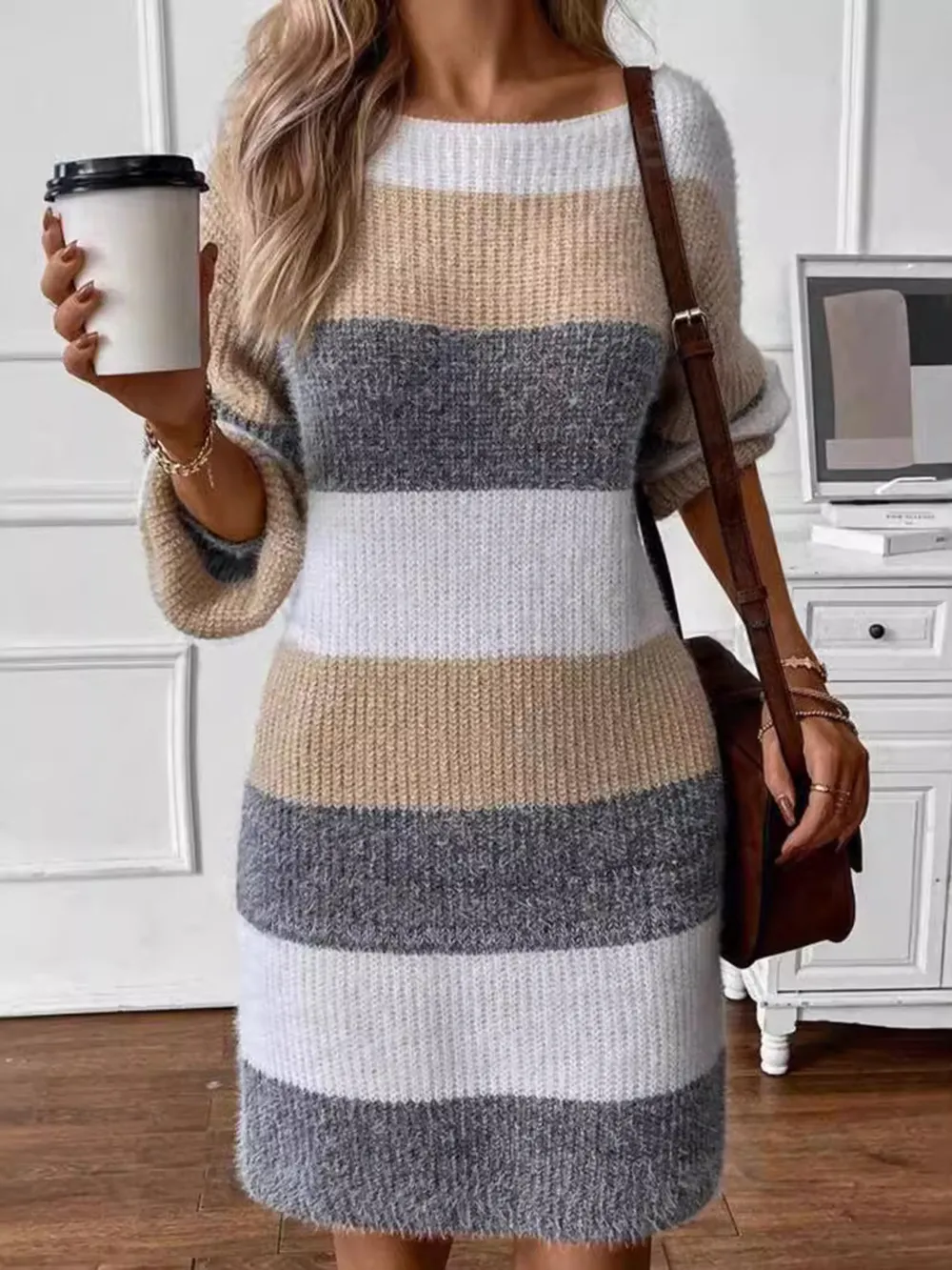 Color Block Long Sleeve Sweater Dress, image 4