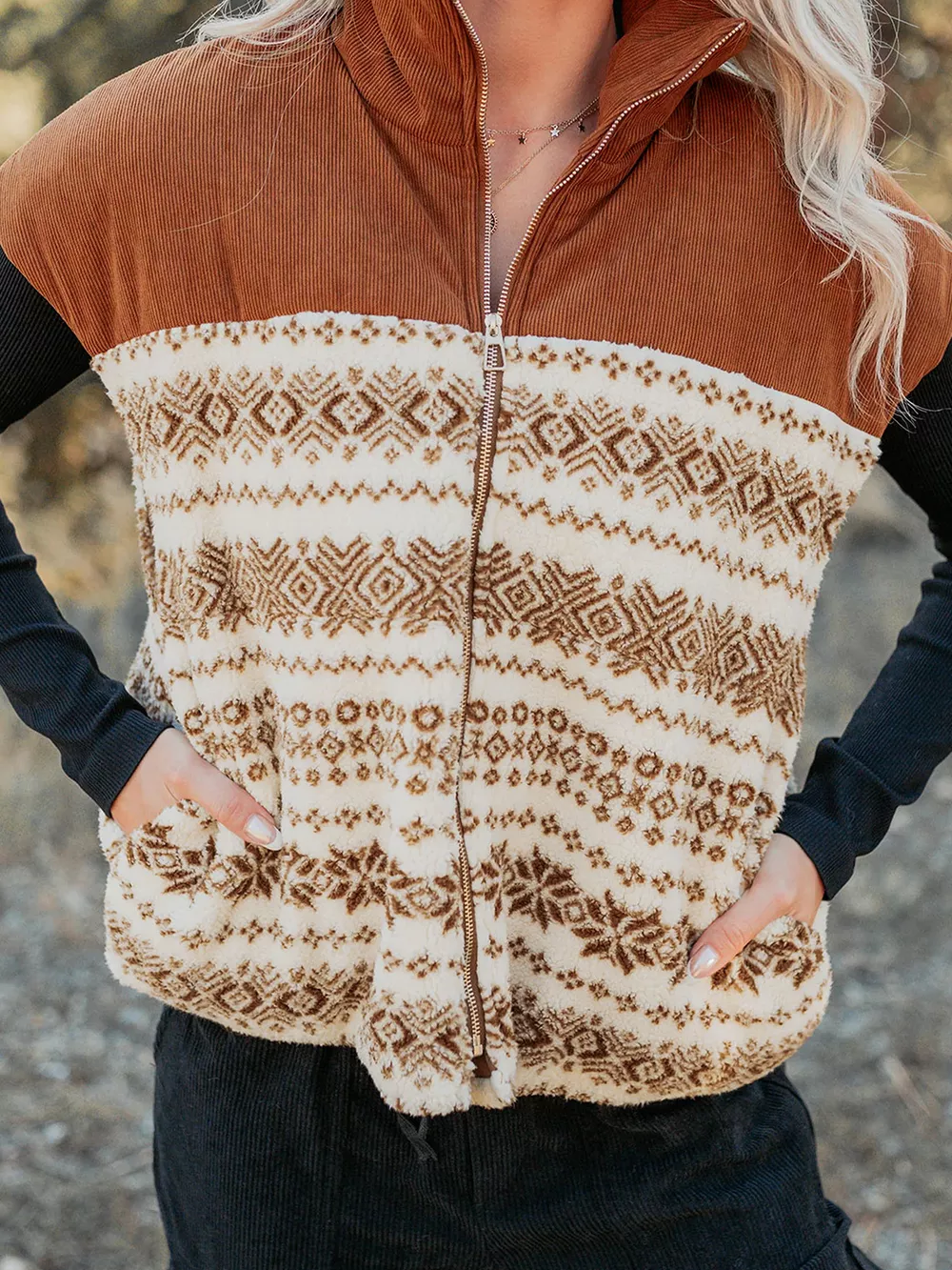 Geometric Print Fleece Metal Zipper Collar Patchwork Design Vest