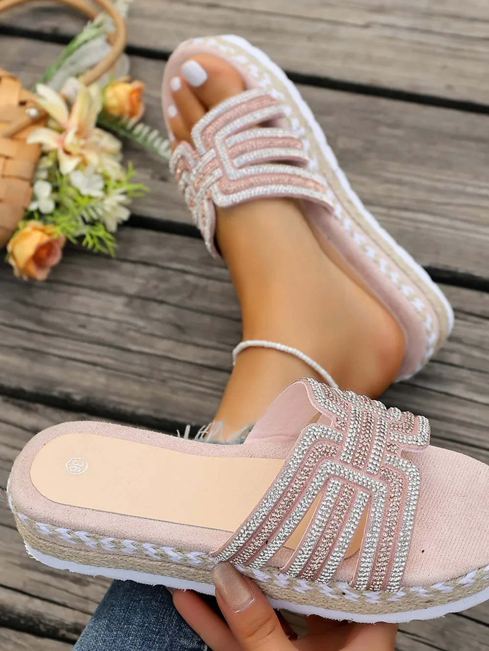 Rhinestone Embellished Platform Espadrille Sandals, image 3