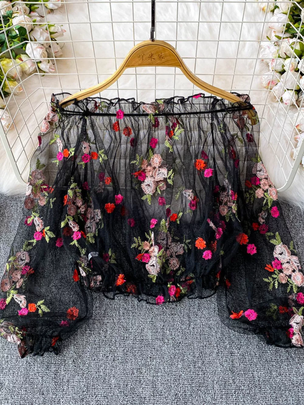 Floral Embroidered Mesh Off-Shoulder Top, image 4
