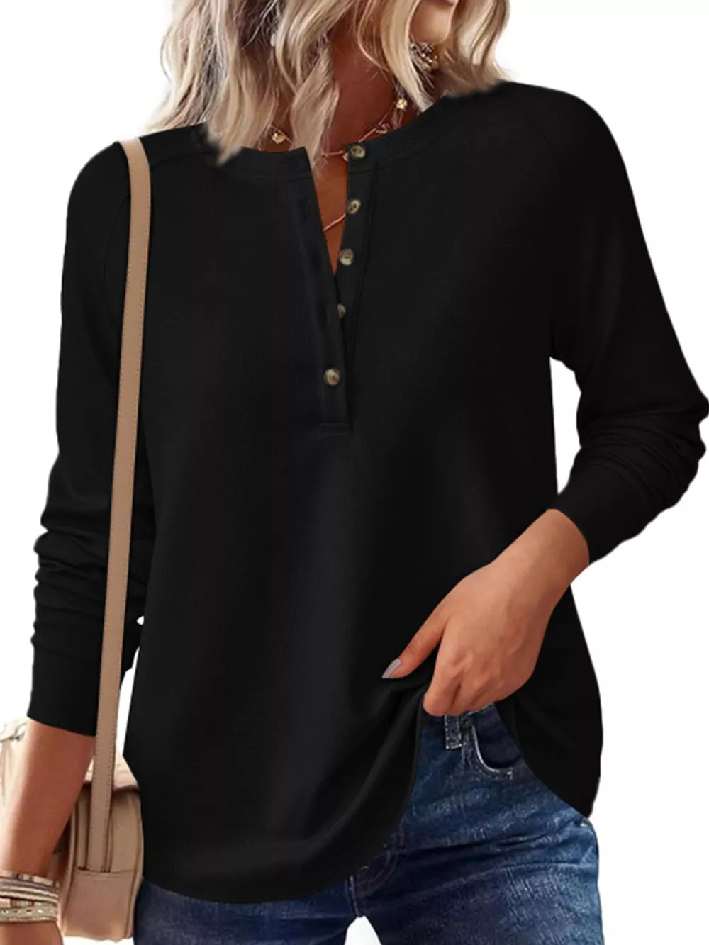Waffle Knit Henley Long Sleeve T-Shirt, image 11