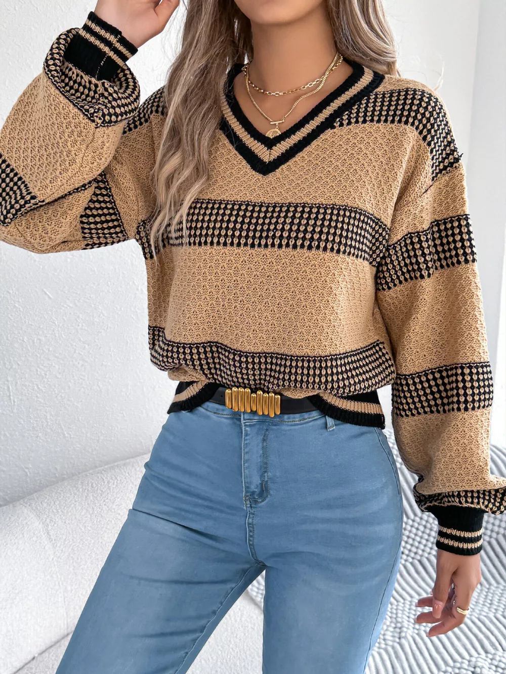 Contrast Striped V-Neck Sweater, image 11