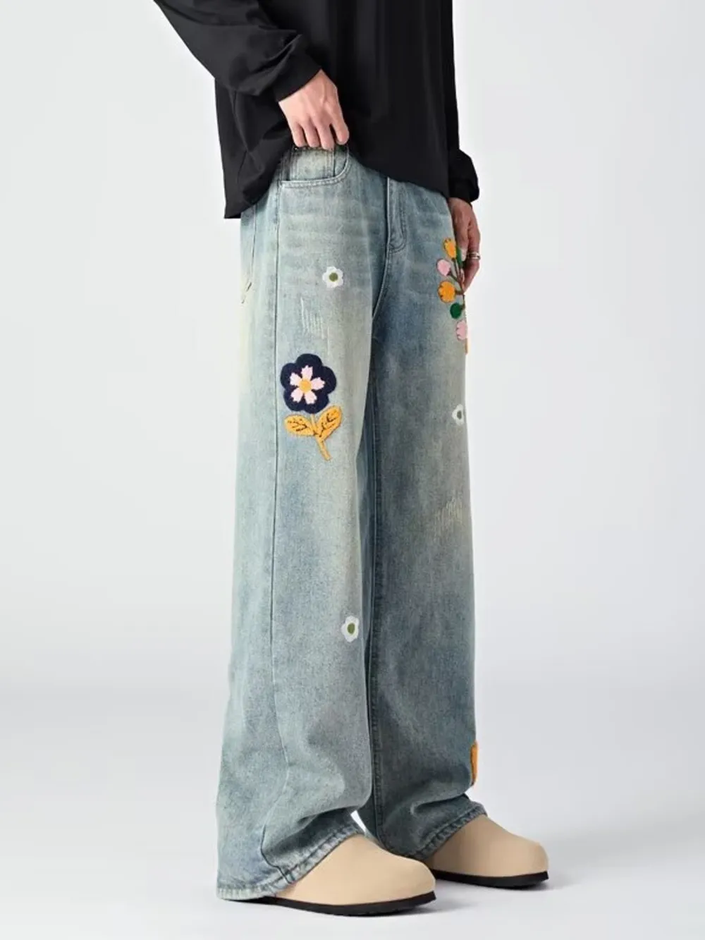 Men's Embroidered Wide Leg Jeans, image 3