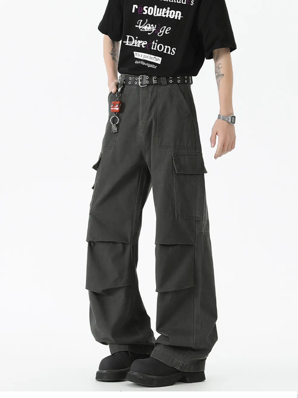 Men's Wide Leg Cargo Pants with Ruched Detail, image 3