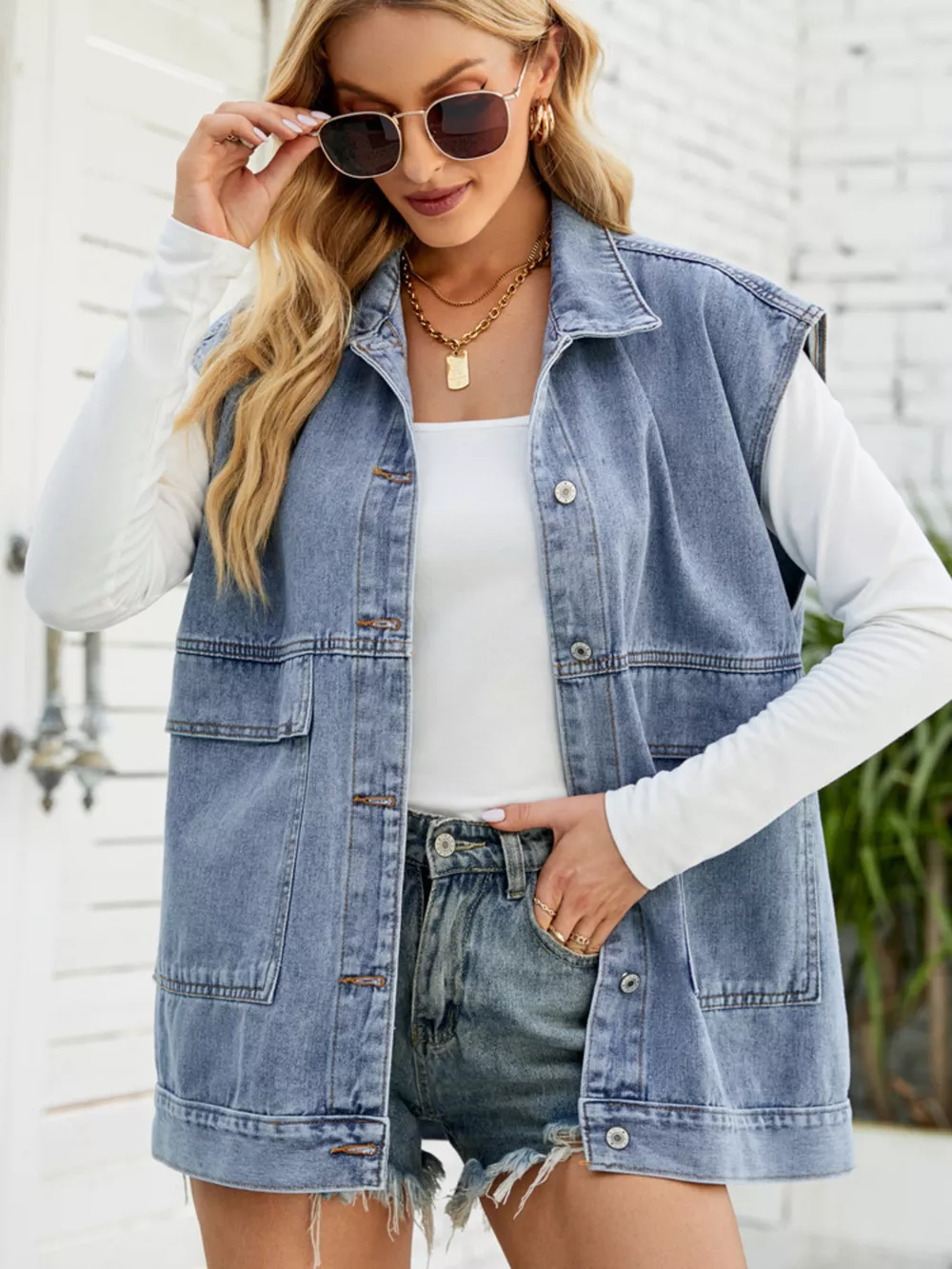 Sleeveless Button-Down Denim Jacket, image 10
