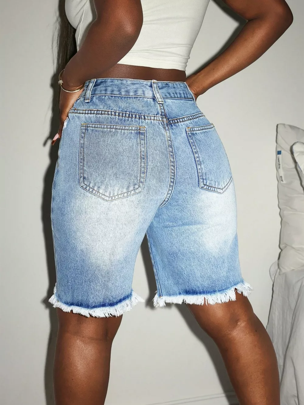 Distressed High Waist Frayed Hem Denim Shorts, image 6