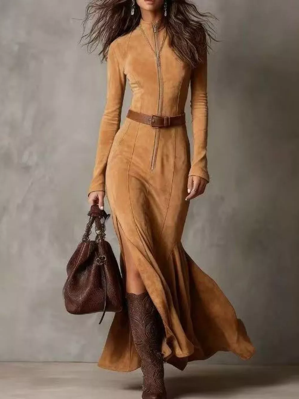 Full Size Slit Zipper Front Maxi Dress Plus Size, image 3