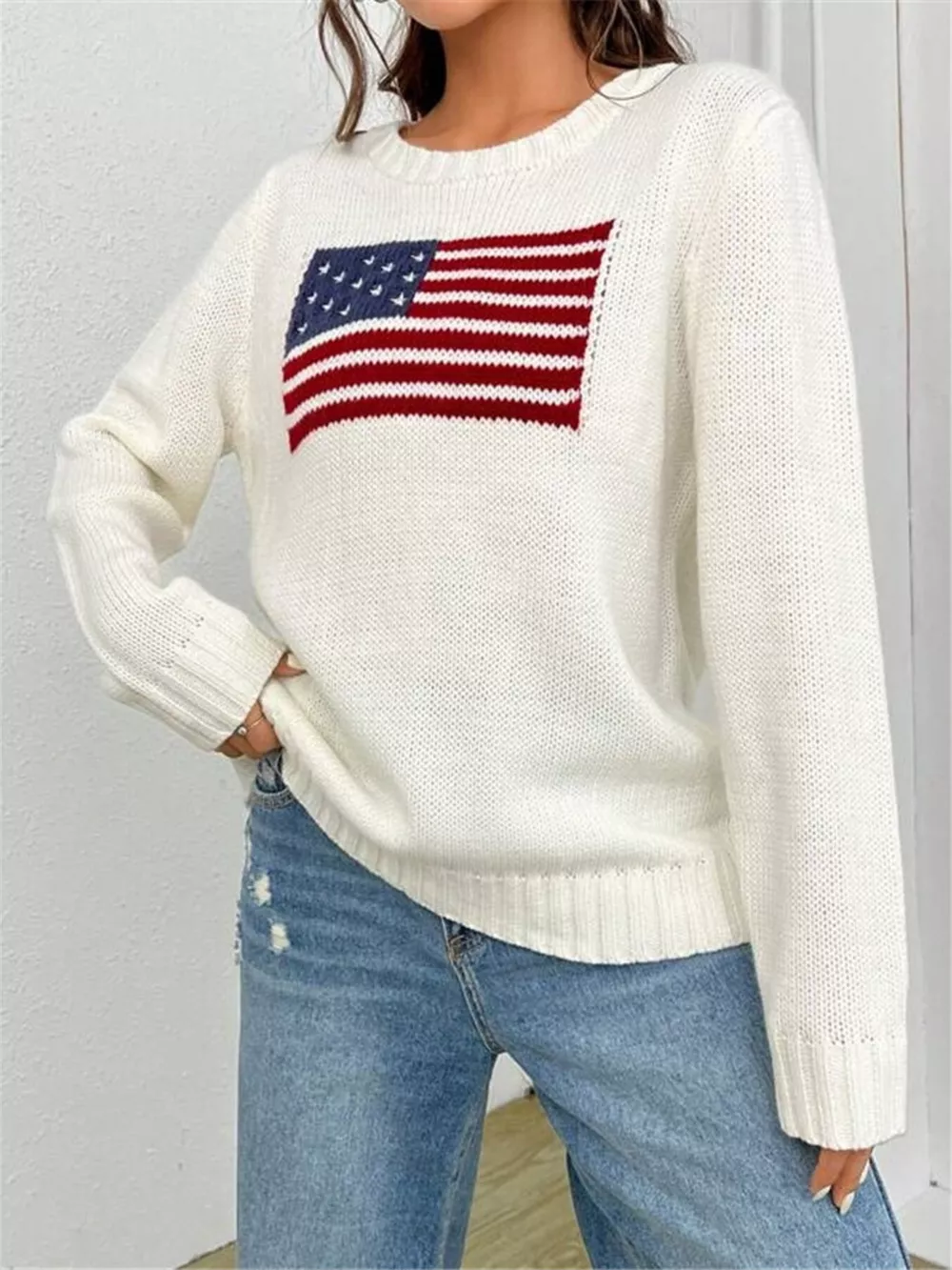 US Flag Round Neck Long Sleeve Sweater, image 4