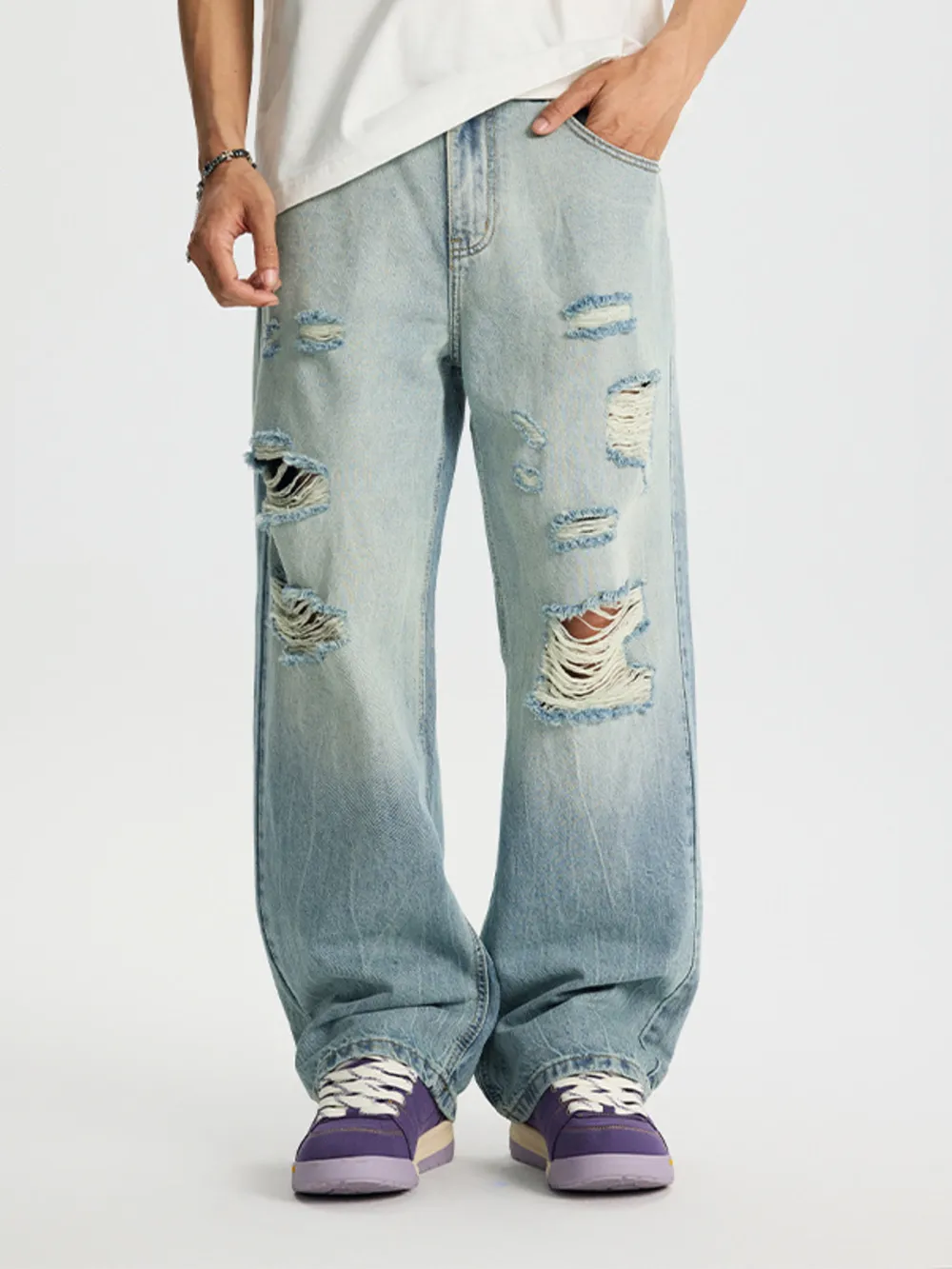 Men's Full Size Distressed Wide Leg Jeans Plus Size