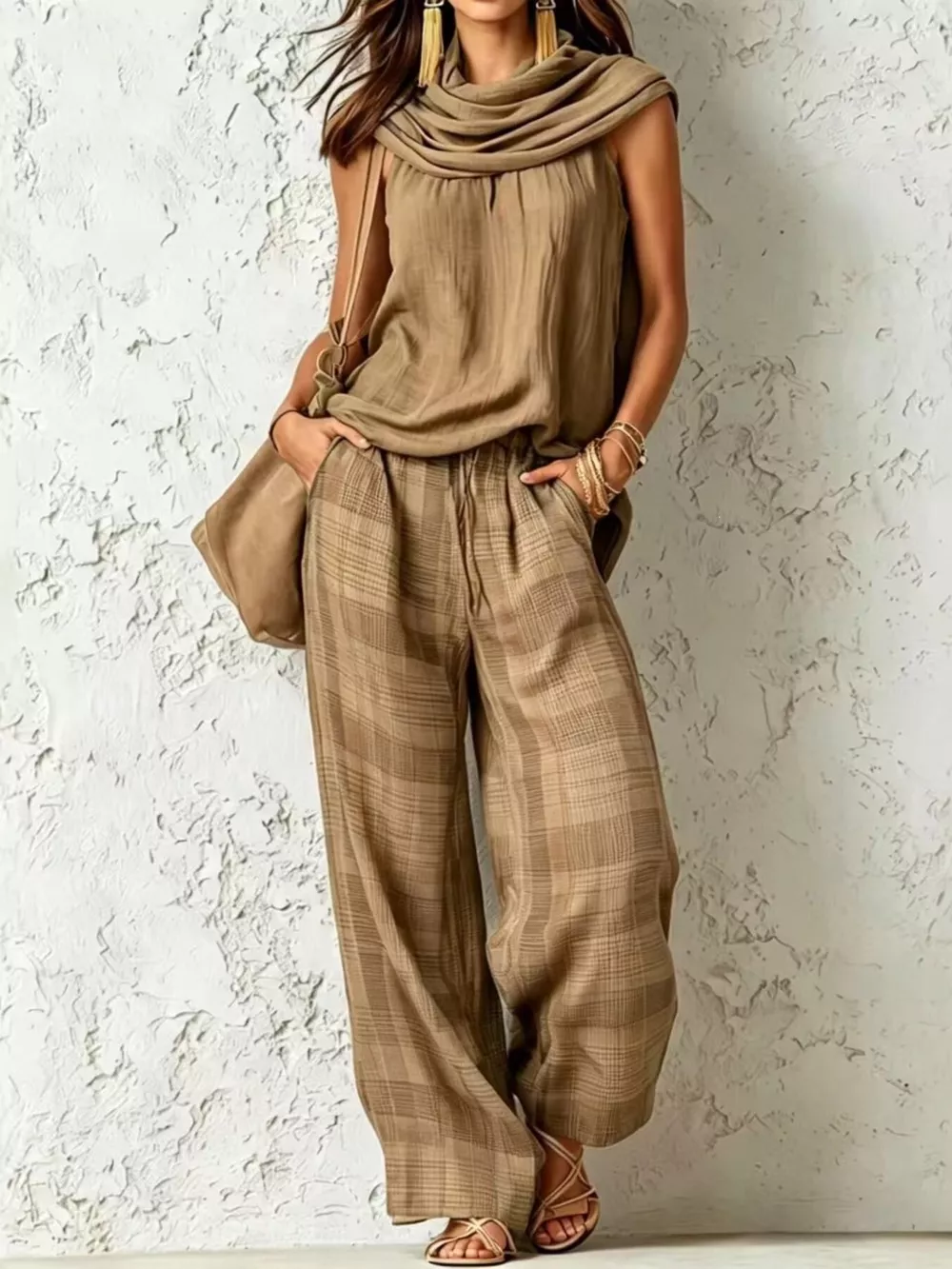 Full Size Sleeveless Cowl Neck Top and Plaid Wide-Leg Pant Two-Piece Set Plus Size, image 6