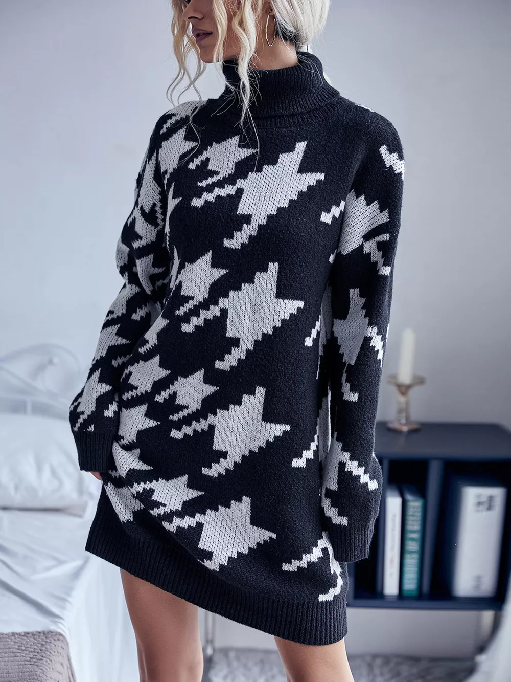Houndstooth Pattern Turtleneck Sweater Dress, image 2