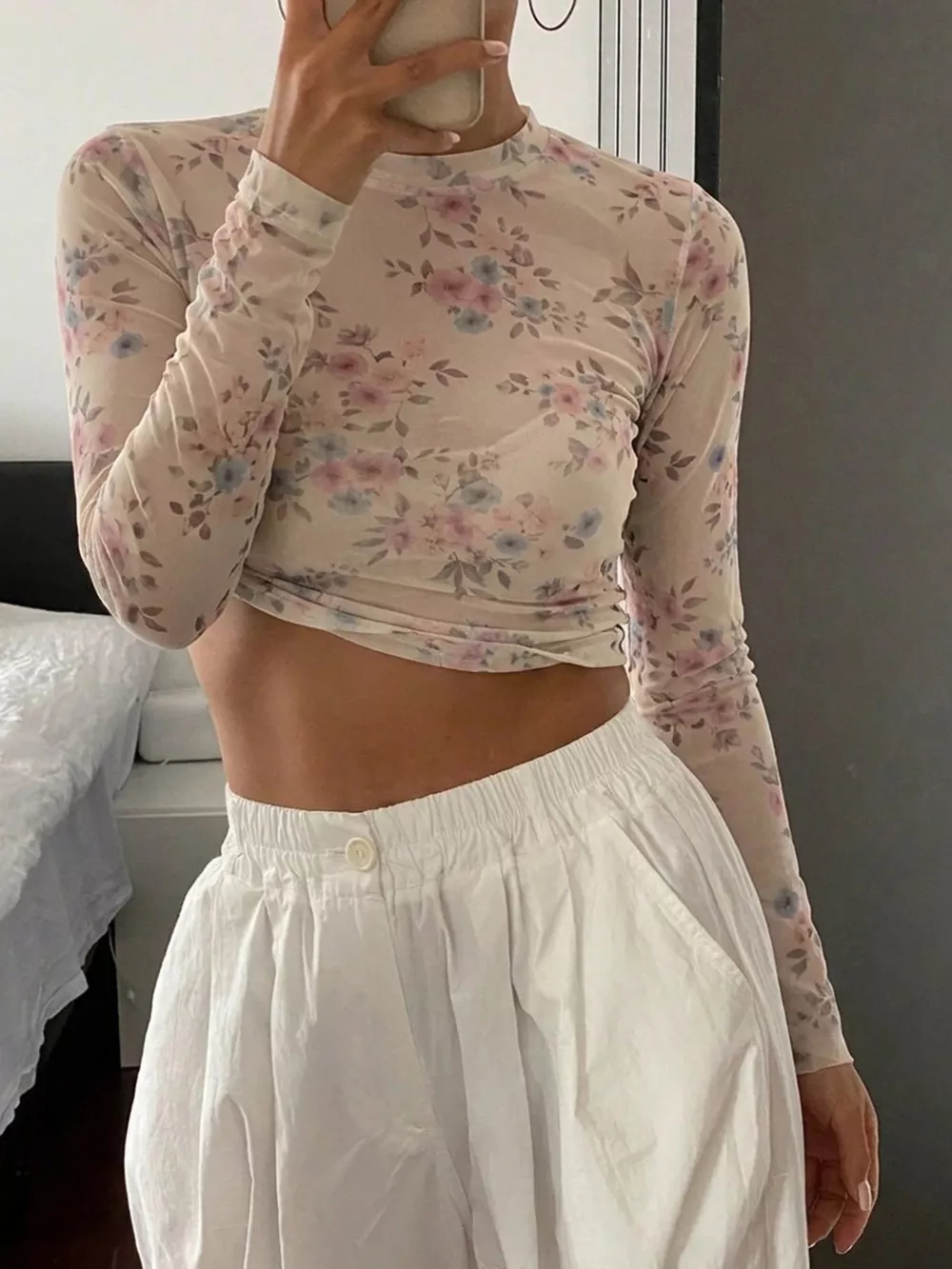 Sheer Floral Print Long Sleeve T-Shirt, image 2