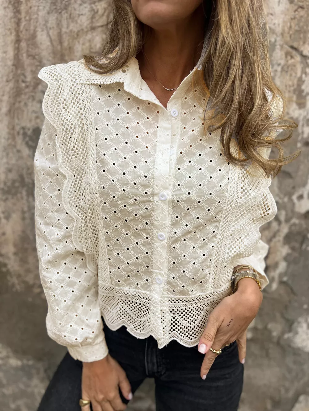 Eyelet Button-Up Shirt with Scalloped Hem, image 6