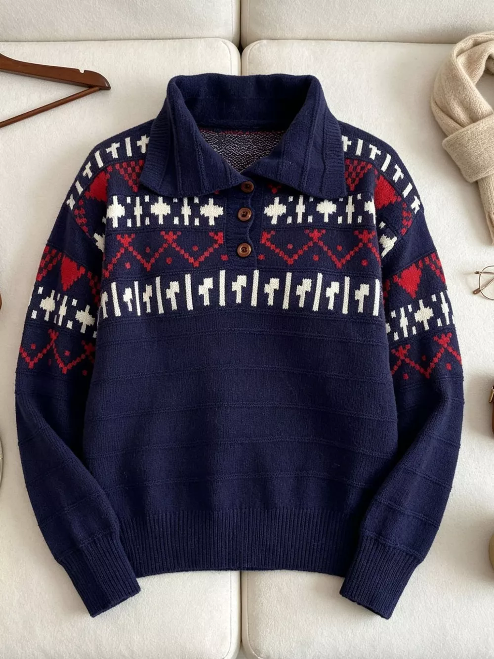 Vintage-Inspired Fair Isle Patterned Polo Sweater, image 24