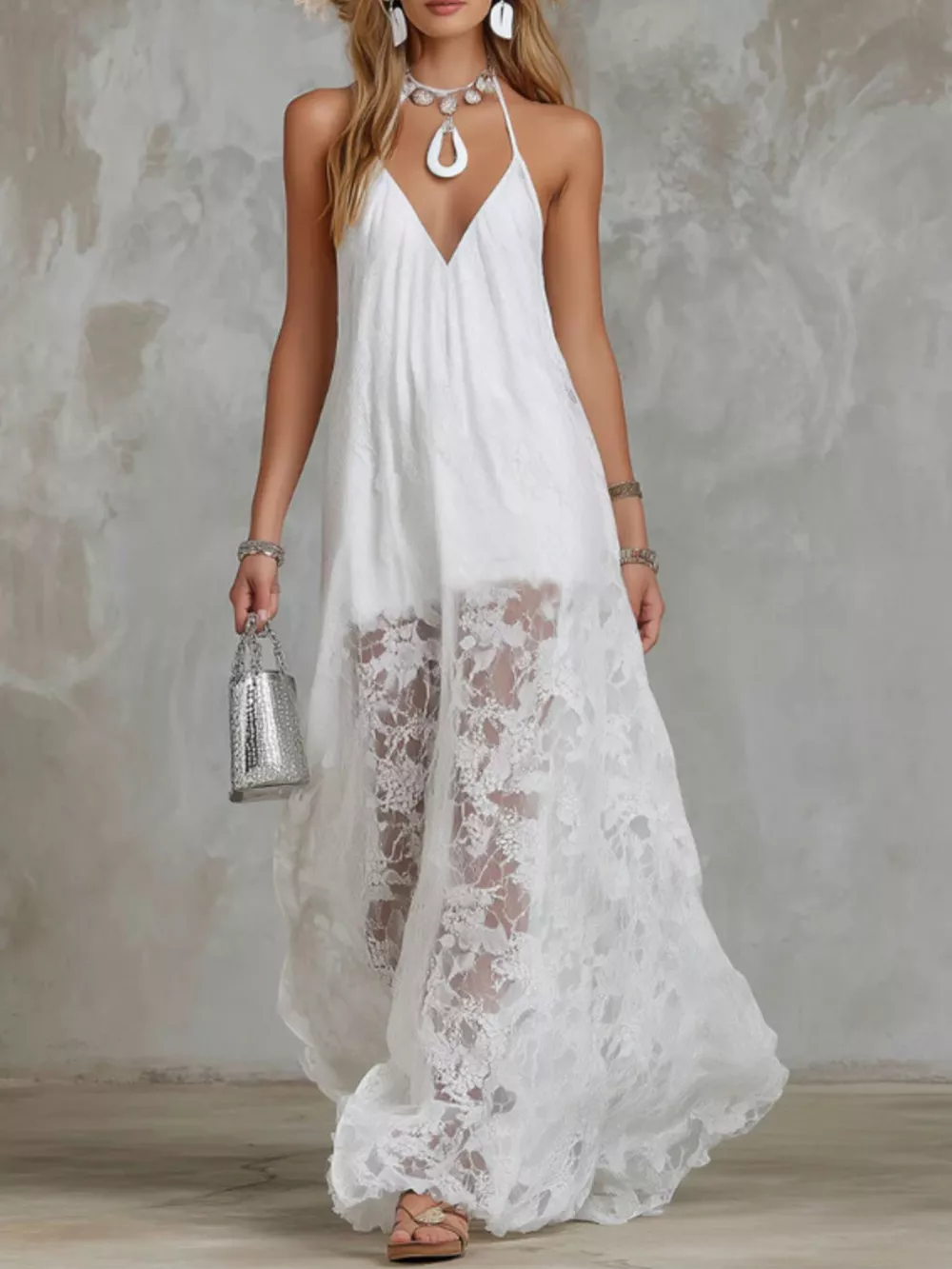 Halter Neck Lace Hem Maxi Dress