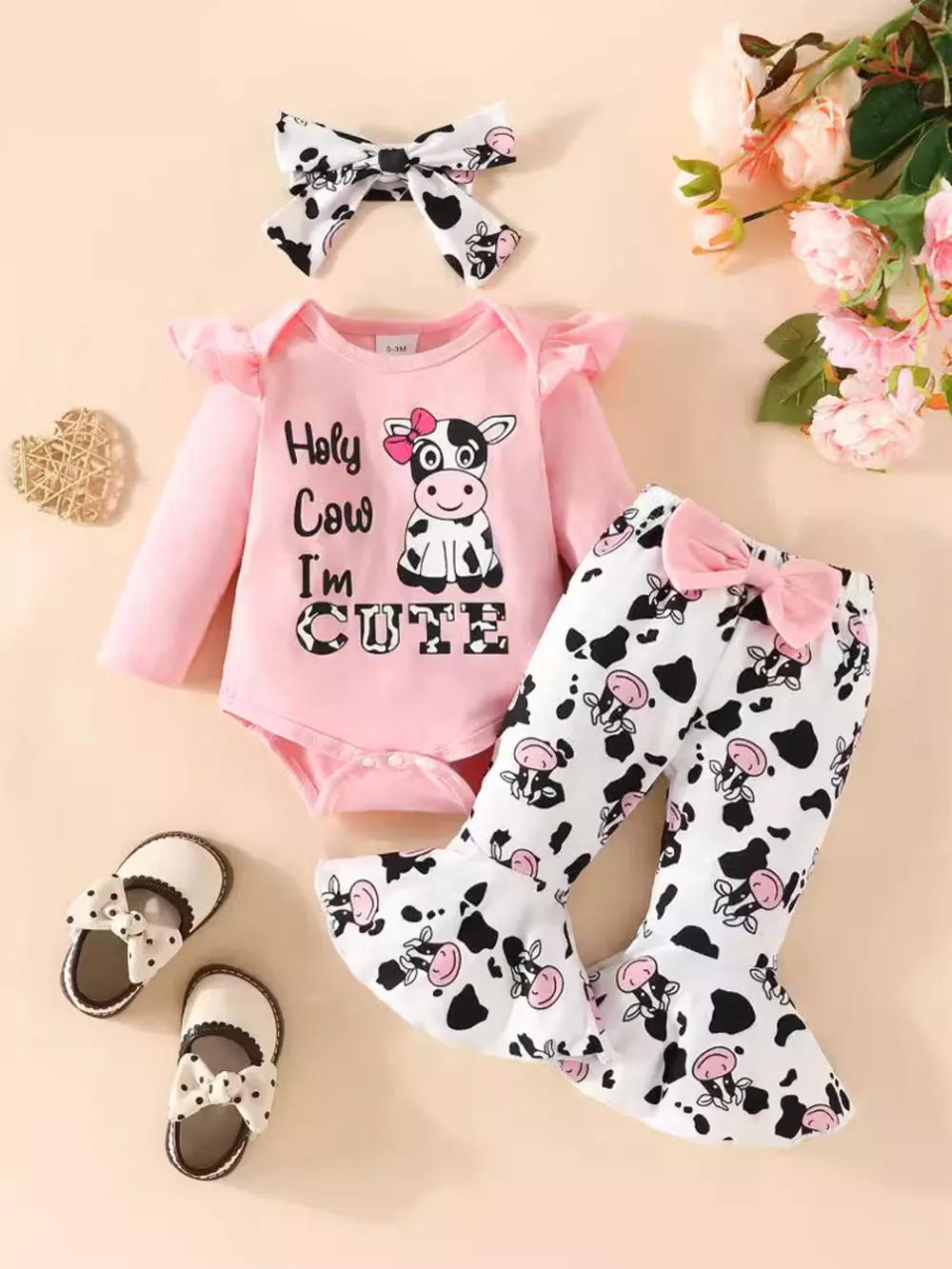 Children's Cow Graphic Ruffle Trim Bodysuit and Pants Set, image 4